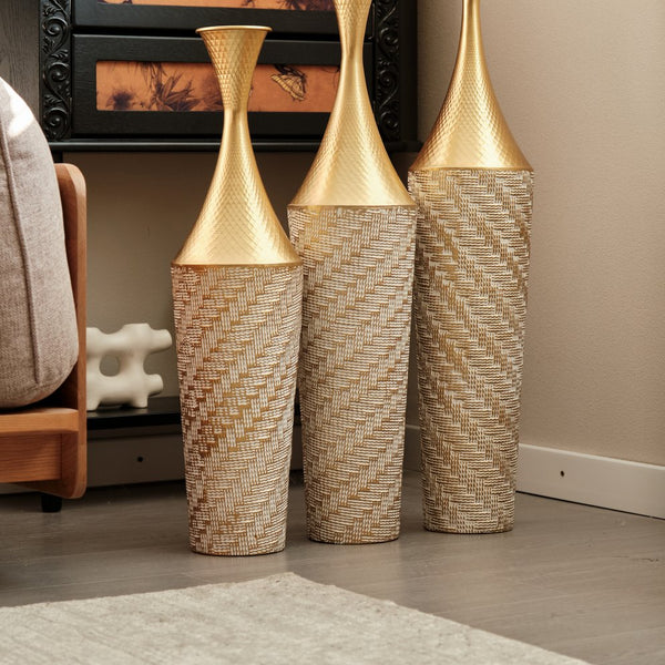 English Elm Floor Metal Vase Set - 3-Piece Modern Geometric Decor With Woven Texture & Glazed Finish,  Tall Accent W2796P255611