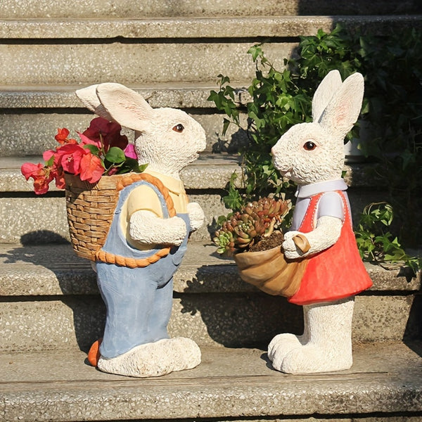 English Elm Simulated Rabbit Couple Resin Garden Sculpture Hand-painted Outdoor Figurine Decor W5709P501506