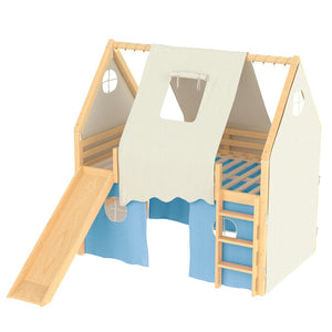 English Elm Full Size Pine Loft Bed with Slide Tent Panels Led Lights and Play Space Below W1580S00292