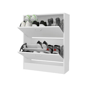 English Elm White Slim Shoe Cabinet with 2 Tilt-Out Doors — Space-Saving White Storage Rack for Narrow Entryways and Modern Décor B062P380071