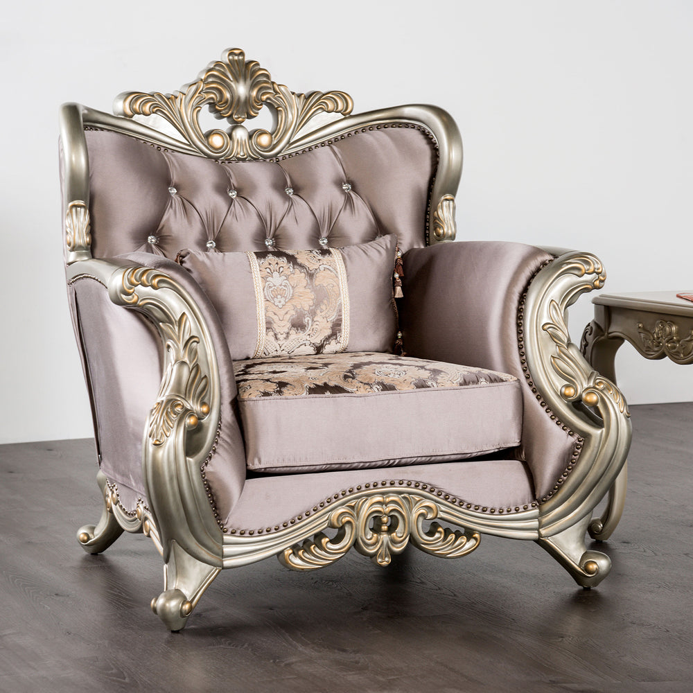 English Elm Traditional Carved Tufted Accent Chair with Rolled Arms, Nailhead Trim and Elegant Upholstery Champagne,Purple 41 L x 42 W x 33 H B2741P380803