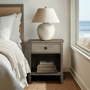 English Elm Victoria Aged Oak Nightstand with Solid Wood Legs, Wire-Brushed Veneer, Drawer & Open Shelf Grey 27.25 L x 22.75 W x 27.25 H B035P341168