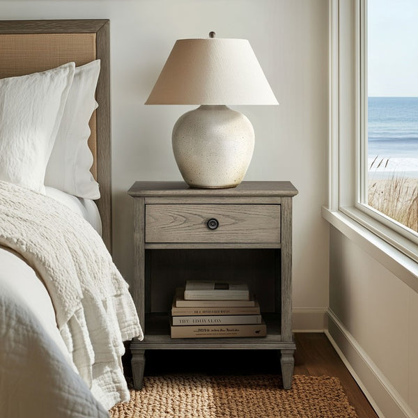 English Elm Victoria Aged Oak Nightstand with Solid Wood Legs, Wire-Brushed Veneer, Drawer & Open Shelf Grey 27.25 L x 22.75 W x 27.25 H B035P341168