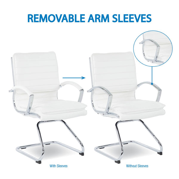 OSP Home Furnishings Guest Faux Leather Office Chair with Chrome Sled Base and Ergonomic Lumbar Support White SPX23595C-U11