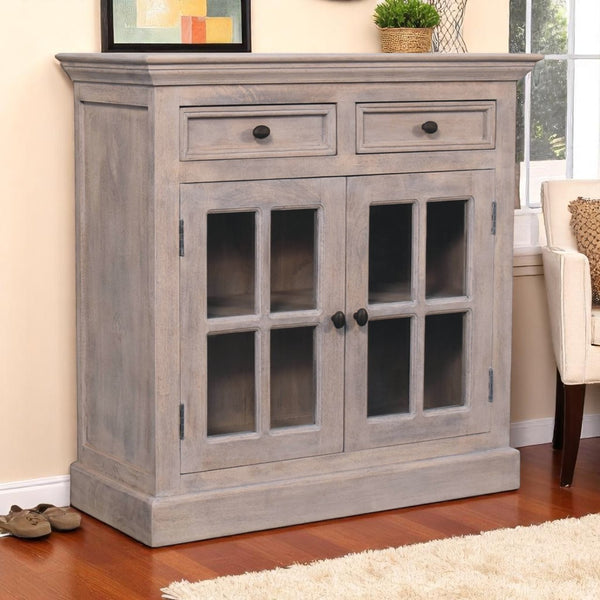 English Elm Solid Wood Stone Finish Cabinet with Glazed Doors, 2-Drawer Storage, Brass Knobs, Gray Wash, Timeless Style B182P186220