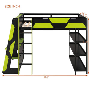 English Elm Full Size Gaming Loft Bed with Led Lighting Desk Shelves and Usb Charging Ports N820S00076F