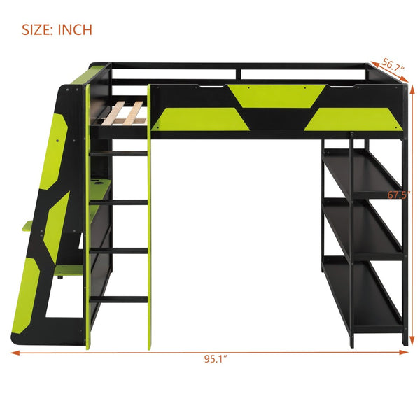 English Elm Full Size Gaming Loft Bed with Led Lighting Desk Shelves and Usb Charging Ports N820S00076F