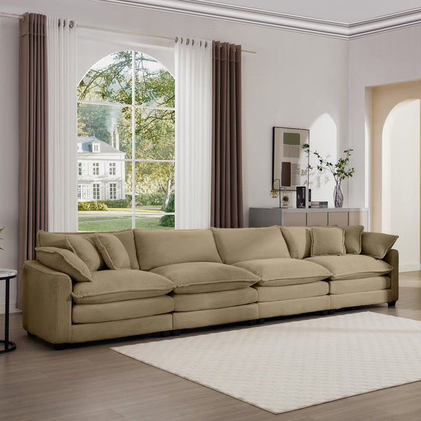 English Elm Corduroy 4-Seater Sofa - Stylish Modern Upholstered Comfort With Pillows For Living Rooms & Offices W714S00800