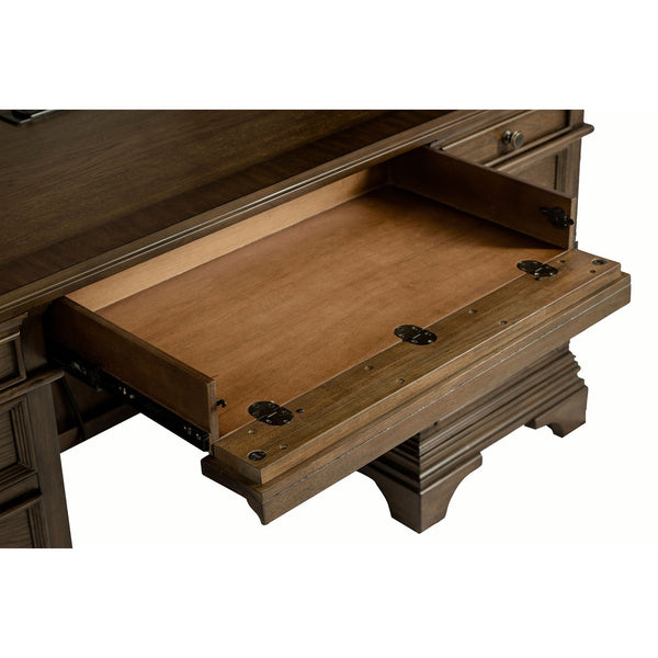 English Elm Stigham Burnish Oak five-drawer credenza desk with warm grain finish, spacious surface, ergonomic storage for organized workspaces B062S00652