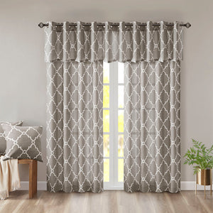JLA Home Madison Park - Fretwork Metallic Fretwork Print Valance with Grommet Top — Textured Cotton-Blend Light Filter Grey/White MP41-2020