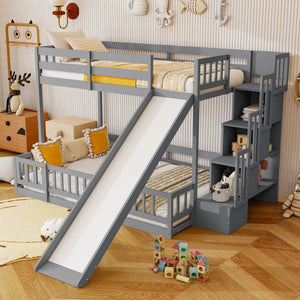 English Elm Twin Over Full Bunk Bed Solid Pine Frame with Built-in Slide and Storage Staircase Grey W504S00289