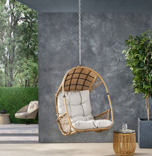 English Elm Christopher Knight Home® - GREYSTONE Hanging Chair with 8ft Chain — Wicker Faux Rattan Basket, Water-Resistant Beige Cushions, Indoor/Outdoor Comfort 70788.00LBGE