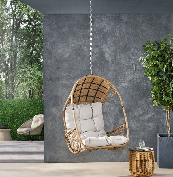 English Elm Christopher Knight Home® - GREYSTONE Hanging Chair with 8ft Chain — Wicker Faux Rattan Basket, Water-Resistant Beige Cushions, Indoor/Outdoor Comfort 70788.00LBGE