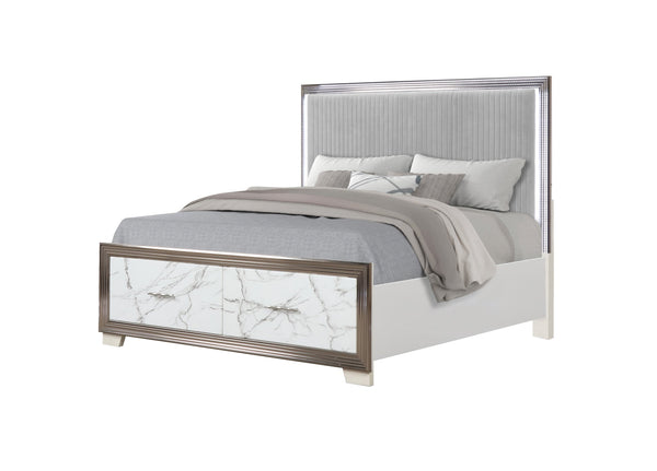 English Elm Desire Queen Bed with LED Upholstered Headboard, Marble-Pattern Footboard & Deep Storage Drawers, Metallic Trim B009S01897