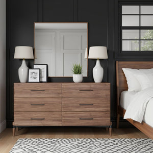 English Elm Tranquility Six Drawer Walnut Veneer Dresser with Tapered Legs and Bronze Hardware B108P411443