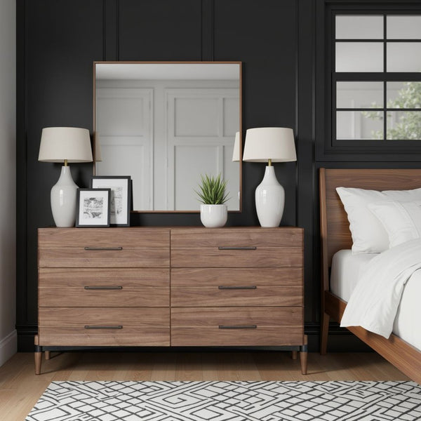 English Elm Tranquility Six Drawer Walnut Veneer Dresser with Tapered Legs and Bronze Hardware B108P411443
