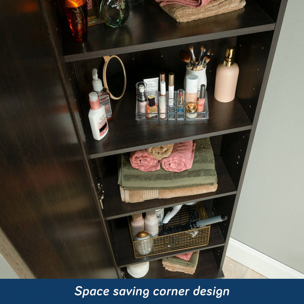 English Elm Corner Storage Cabinet Brown Finish - Tall 71" Corner Organizer with 3 Adjustable Shelves, Multi-Use B356P402605
