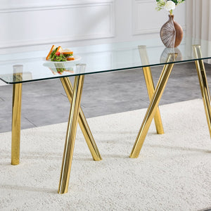 English Elm 71-inch Tempered Glass Dining Table Electroplated Metal Base Open Airy Modern Style Gold W3875S00006