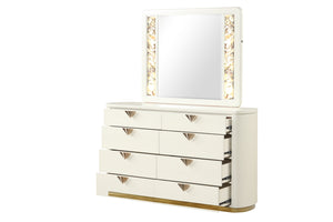 English Elm La Pierre Modern 8-Drawer Dresser In High-Gloss Beige With Gold Accents For Stylish Bedroom Storage G150108844