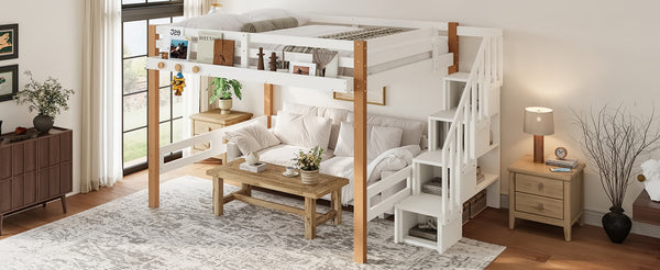 English Elm Twin Pine Wood Loft Bed with Built-in Shelving and Hook for Kids Bedroom W5305S00011
