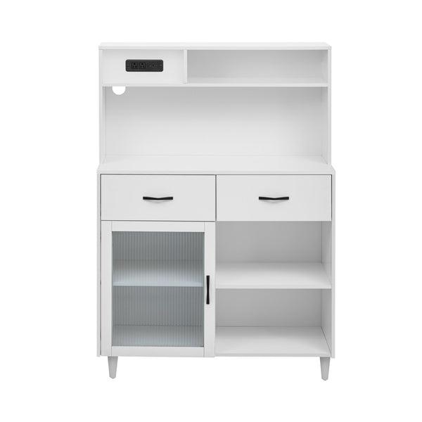 English Elm Fancy Cream White Sideboard with Drawers, Glass Door & Open Shelves — Slim Modern Storage for Small Spaces W2761P248554