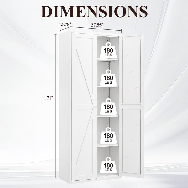 English Elm 2 Door Steel Pantry Cabinet Powder Coated Finish Gold Hardware Adjustable Shelves Tall Storage White T3625P366652