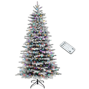 English Elm 7.5ft Snow Flocked Pine Artificial Tree with 500 Dual Mode Led Lights and Remote T3971P401131
