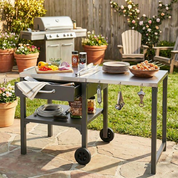 English Elm Outdoor Bbq Prep Cart Rolling Stainless Steel Grill Station with Foldable Work Surface Gray N719P407403E