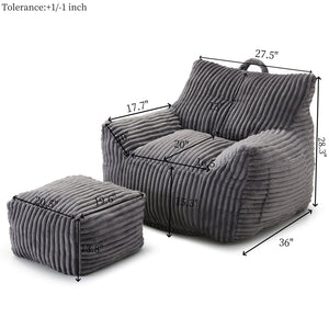 English Elm Giant Plush Bean Bag Chair with Armrests and Footstool for Ultimate Comfort, Durable Corduroy Lounge Sofa Grey W1117P309391