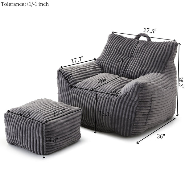 English Elm Giant Plush Bean Bag Chair with Armrests and Footstool for Ultimate Comfort, Durable Corduroy Lounge Sofa Grey W1117P309391