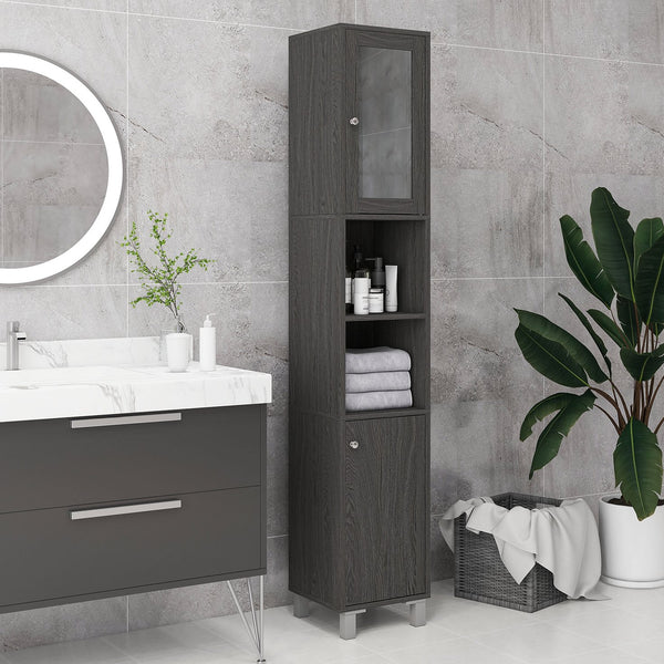 English Elm Kleankin Tall Bathroom Storage Cabinet With Mirror - Distressed Gray Freestanding Tower For Organized Spaces W2225P217001