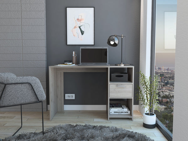 English Elm Omma Grey Computer Desk with Spacious 43.3" Worksurface, One Drawer & Two Open Shelves for Storage and Decor B200P188826