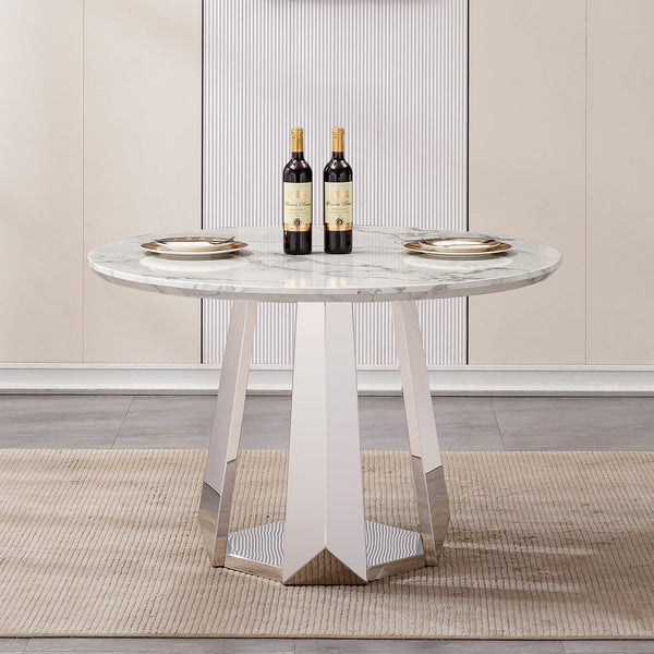 English Elm 47" Round Marble Dining Table - Modern High-Gloss Faux Marble Top With Stainless Steel Base For Style W3456S00007