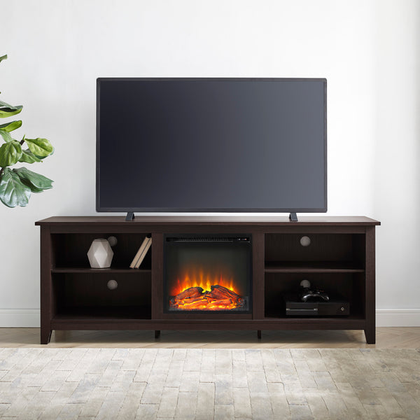 English Elm Walker Edison - Modern 70" Fireplace TV Stand Espresso – Transitional Wood Console w/ Electric Insert, 250 lb Capacity, 2 Shelves, Plug-In Heat B185P169404