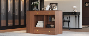 English Elm Closet Elegant walk-in island with glass display top, 6 drawers and open shelves for organized storage Walnut 39.76 L x 17.32 W x 12.2 H N733S304513D
