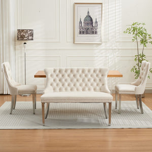 English Elm Velvet Wingback Dining Bench Tufted Two Seat Mid Century Modern Brushed Steel Base Beige W1143P406980