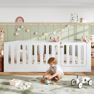 English Elm Queen Solid Pine Montessori Floor Bed for Kids with House Frame and Built-in Door Light White W5305P420638