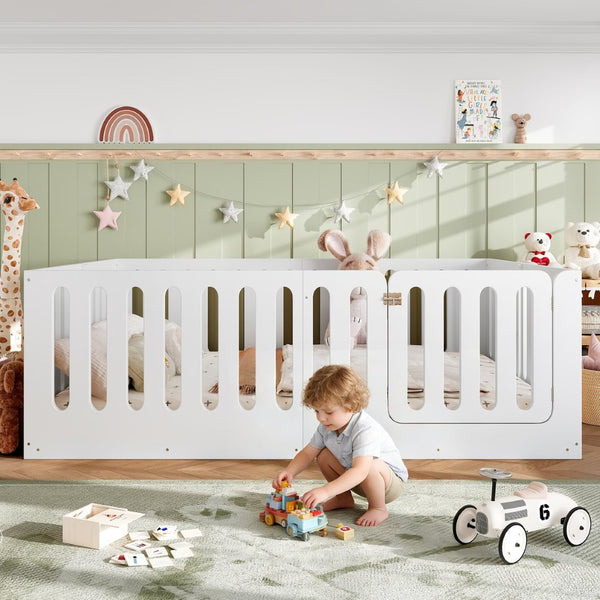 English Elm Queen Solid Pine Montessori Floor Bed for Kids with House Frame and Built-in Door Light White W5305P420638