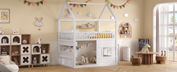 English Elm Full Size Solid Wood House Bed with Led Shelf Lighting for Kids Bedroom White N7500005026K