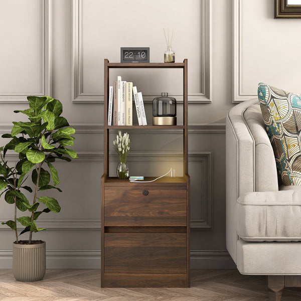 English Elm Nightstand with Charging Station, Voice-Control Night Light, Lockable Cabinet, USB & AC Ports, Modern Woodhelves W1321P204522