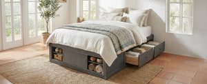 English Elm Queen Platform Bed with Four Storage Drawers Footboard Cubby Modern Low Profile Frame Gray LP000138AAE