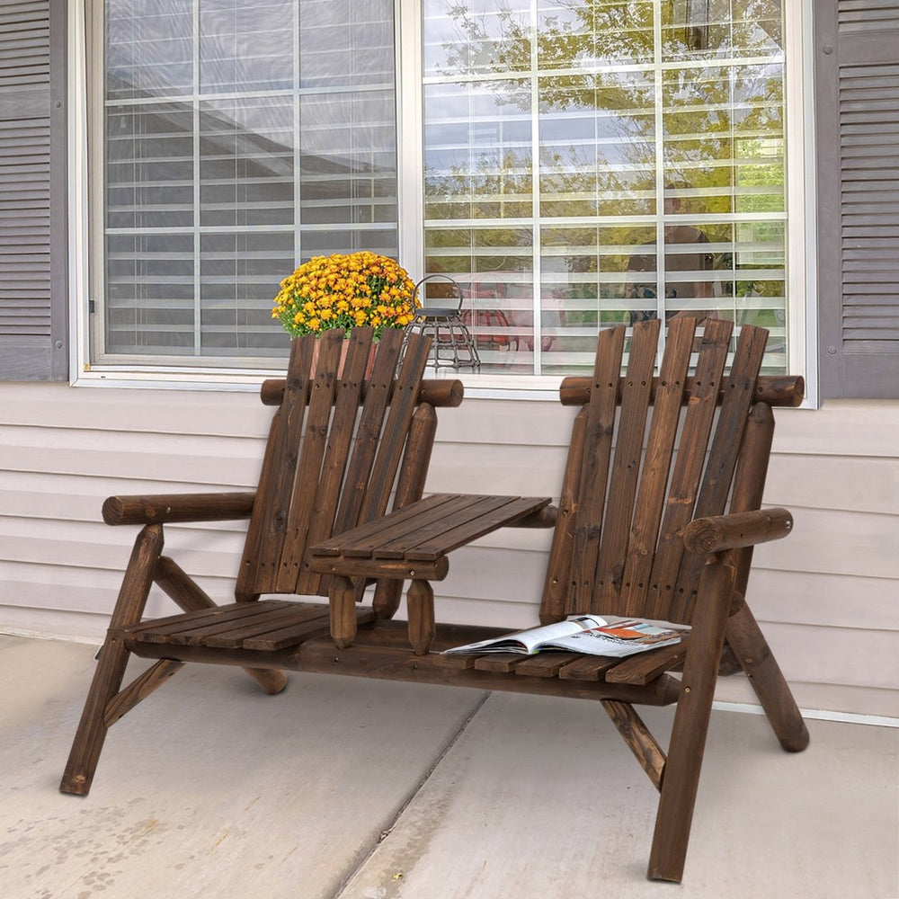 English Elm Outsunny 2-Seat Adirondack Loveseat With Table - Durable Carbonized Wood For Cozy Outdoor Relaxation W2225P174103-GIGA