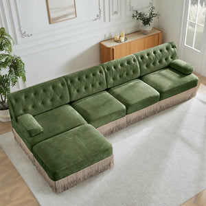 English Elm 135" Chesterfield Velvet Sectional with Tufted Back Tassel Skirt and Modular Living Room Design Green W714S01713