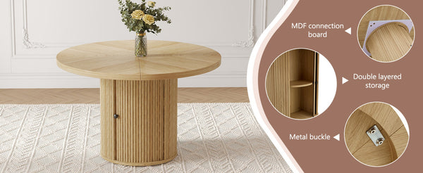 English Elm 47.2-inch Round Walnut Pedestal Dining Table with Roman Column Base and Hidden Storage W2920S00053