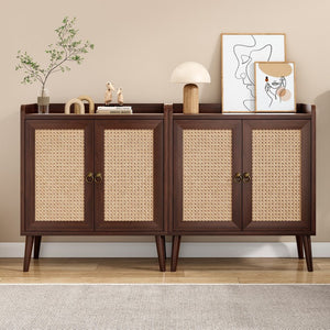 English Elm Sideboard Buffet with Woven Rattan Doors Vintage Wood Cabinet for Dining Entryway T3623P434561