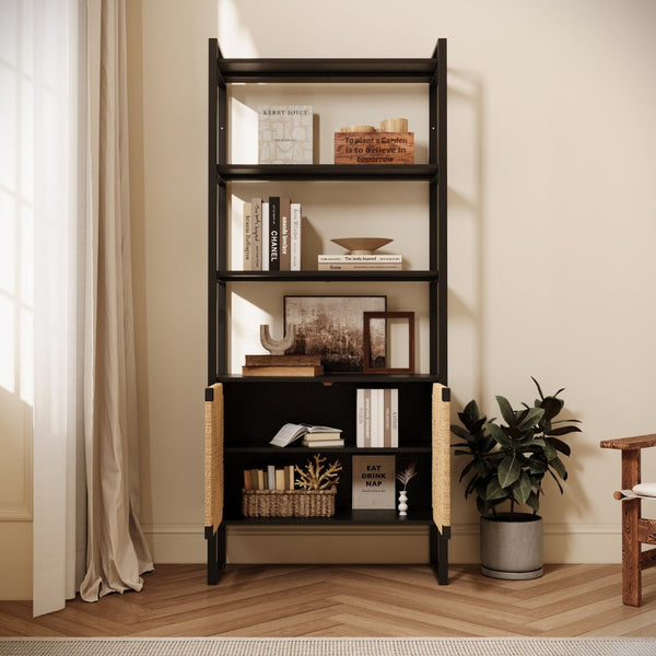 English Elm Natural Rattan Bookshelf with Matte Black Frame Open Display and Closed Storage Cabinet W2263P395493