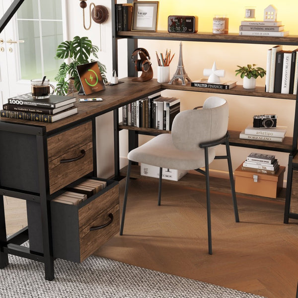 English Elm Queen Size Loft Bed With Desk & Led Lighting - Stylish Metal Bed With Storage & Workstation For Small Spaces W2593S00041-GIGA