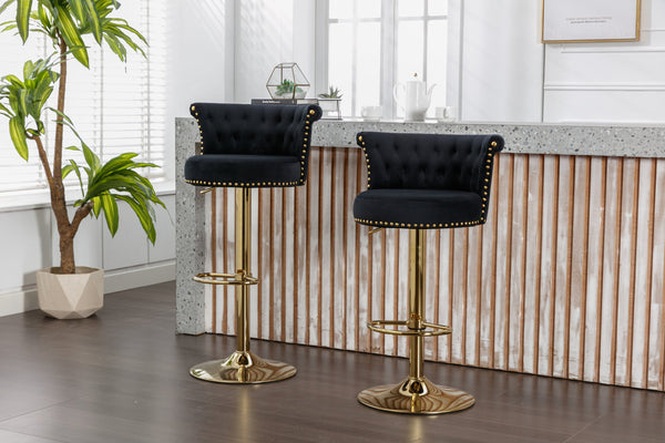 English Elm UNITED Velvet 360° Rotating Bar Chair with Diamond Stitching, Gold Frame, Plush Foam Seat, Adjustable Height Black W1568P361716
