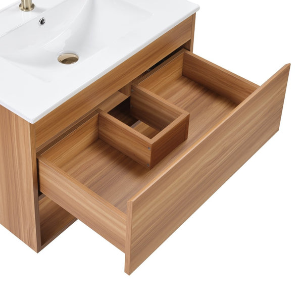 English Elm 24 Inch Floating Bathroom Vanity Fluted Walnut Cabinet with Ceramic Sink Modern W3520S00041