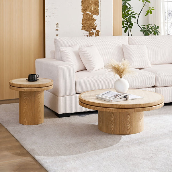 English Elm 35.43 Inch Round Sintered Stone Coffee Table with Mdf Pedestal Base for Modern Living W876S00342